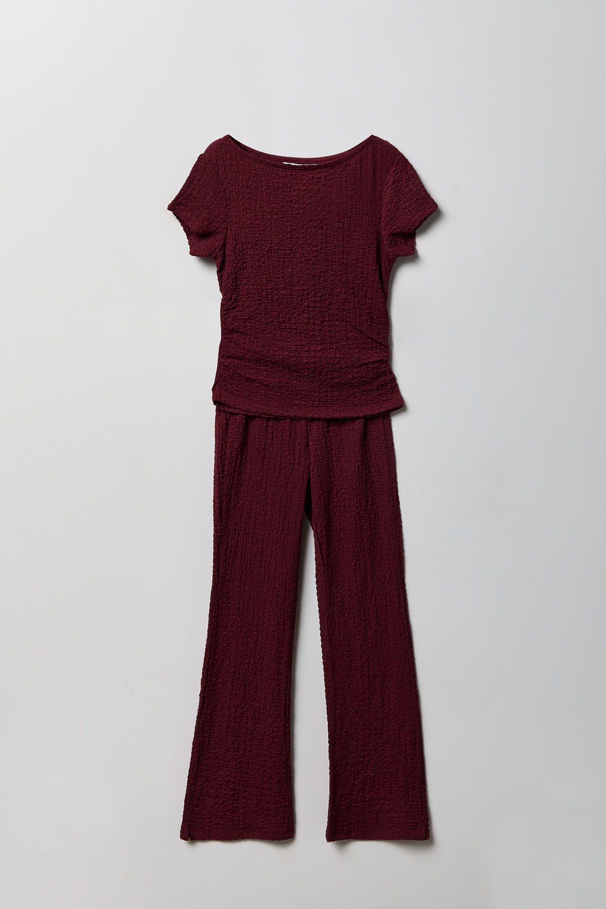 Girls Textured Top & Pant Set - Burgundy