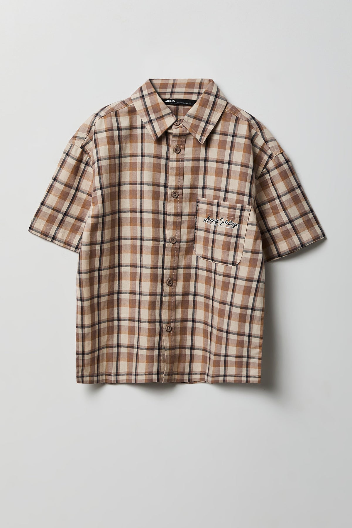 Alt View 2. Boys Poplin Plaid Graphic Collared Boxy Top - Tan
