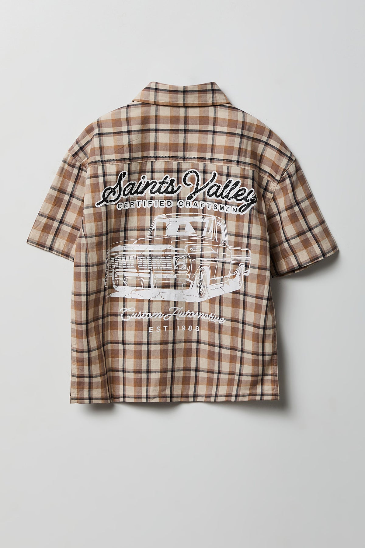 Boys Poplin Plaid Graphic Collared Boxy Top - Tan