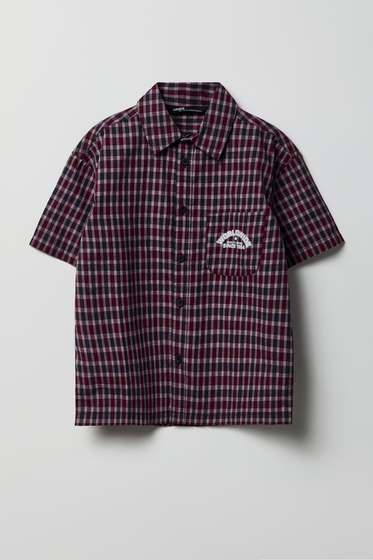 Alt View 2. Boys Poplin Plaid Graphic Collared Boxy Top - Burgundy