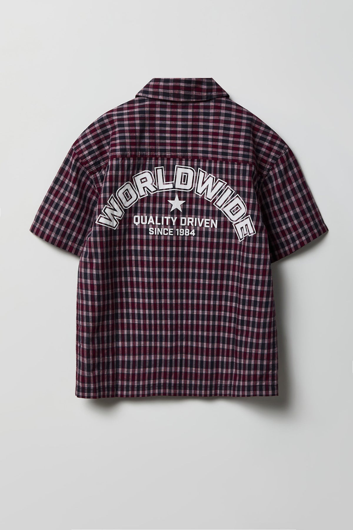 Boys Poplin Plaid Graphic Collared Boxy Top - Burgundy