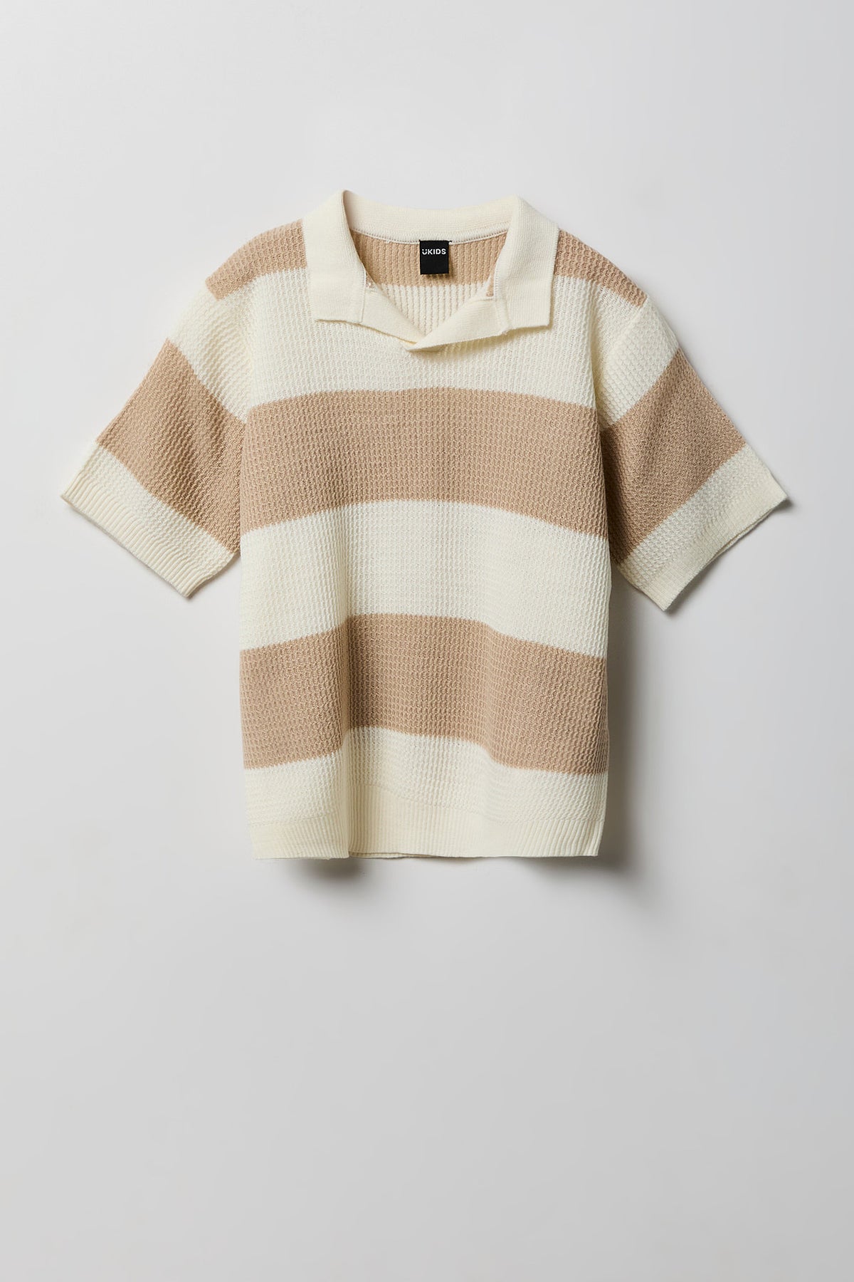 Boys Striped Knit Johnny Collar Polo - Tan