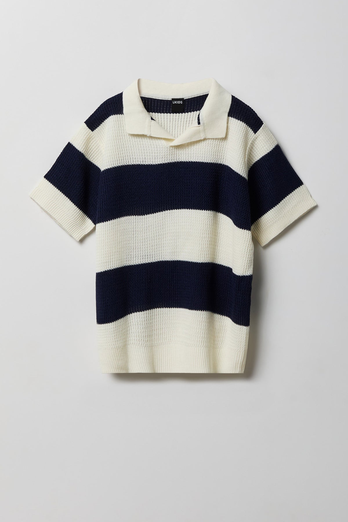 Boys Striped Knit Johnny Collar Polo - Navy