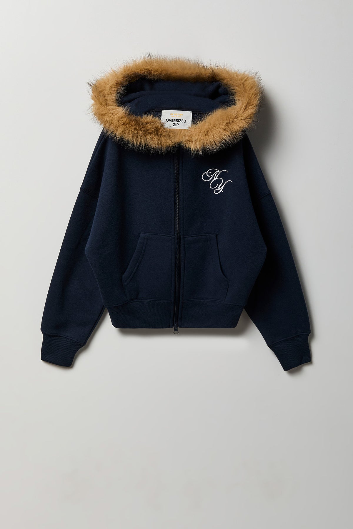 Faux Fur Trim Graphic Zip Hoodie - Navy