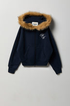 Faux Fur Trim Graphic Zip Hoodie