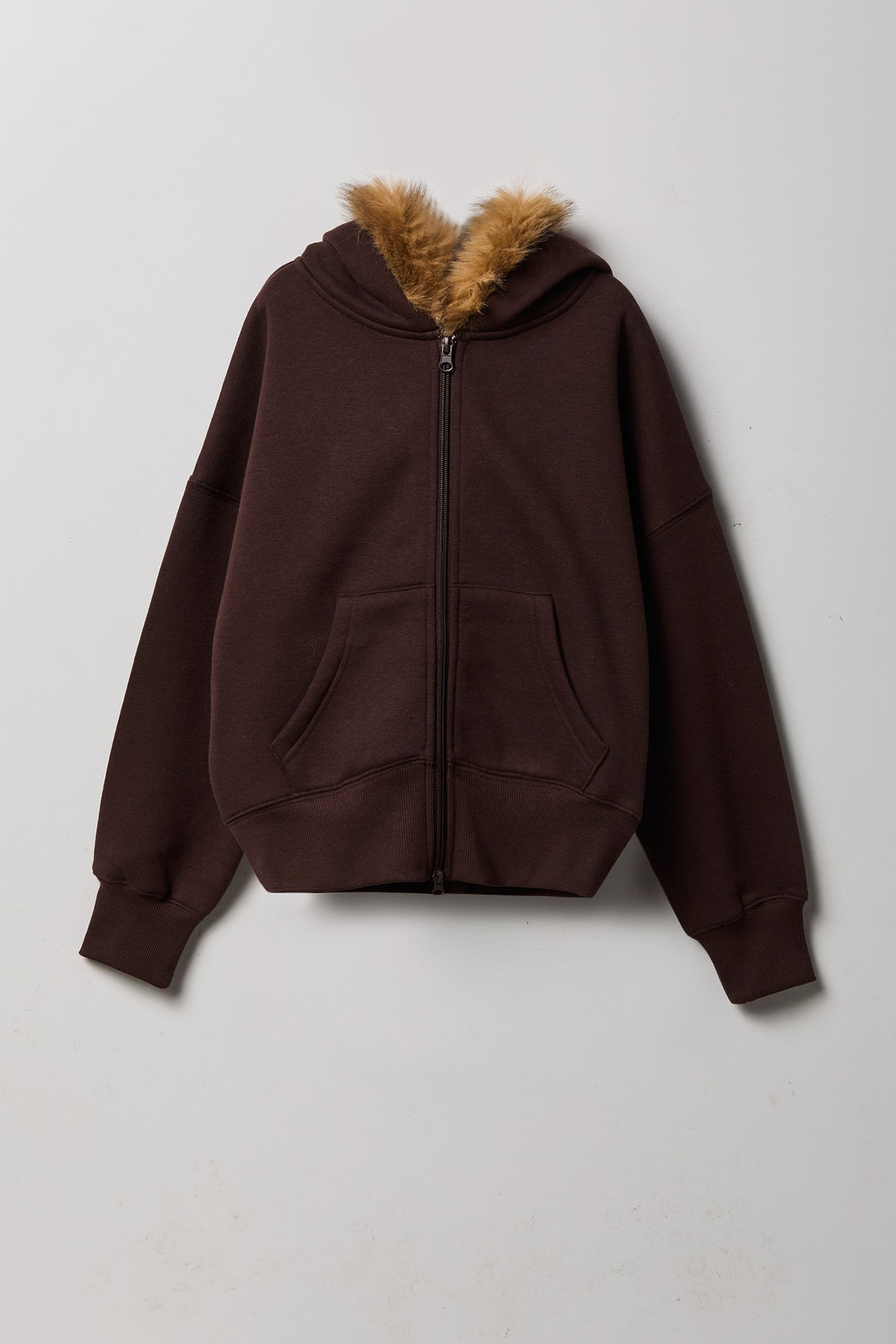 Girls Luxe Fleece Faux Fur Trim Zip Hoodie - Brown