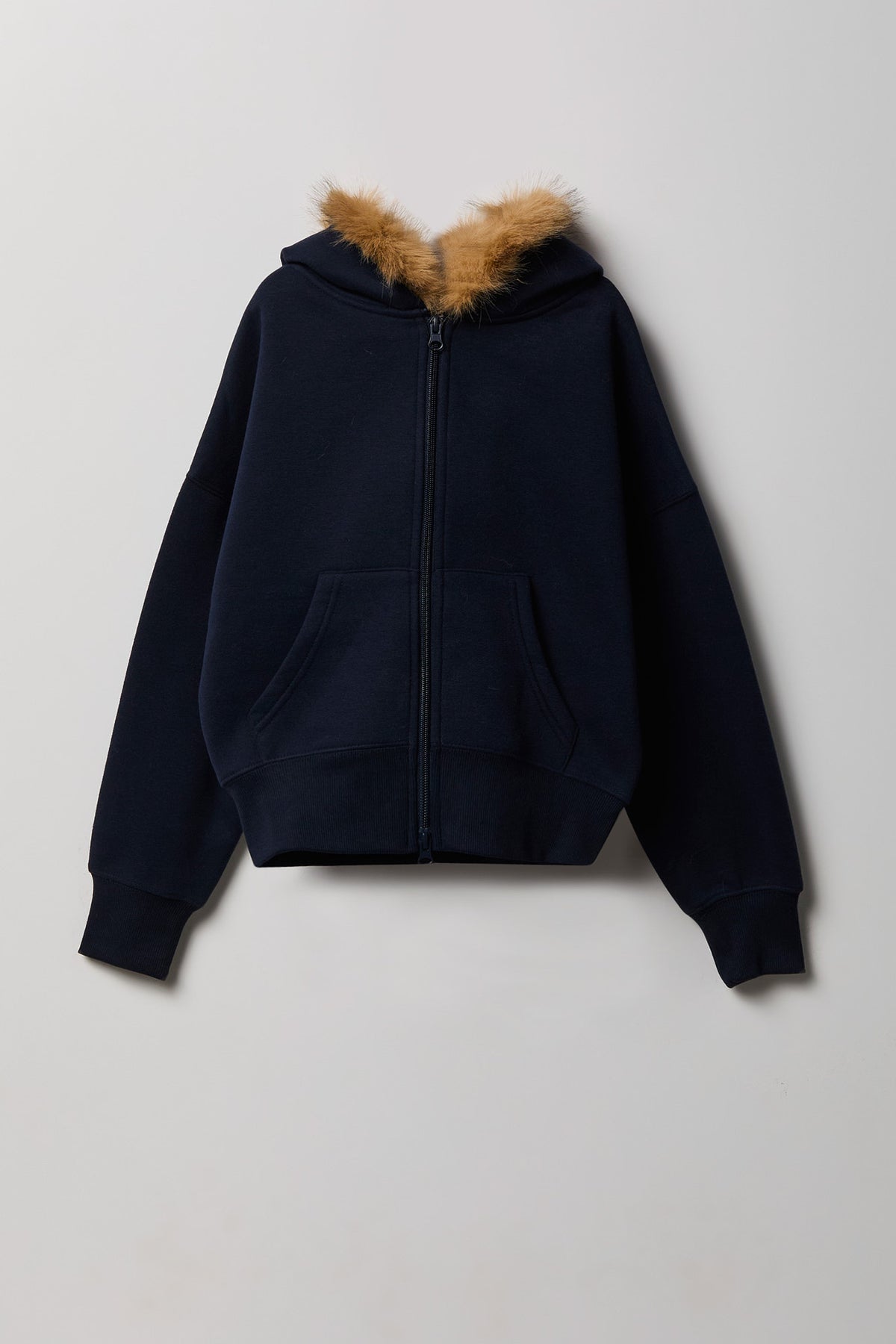 Girls Luxe Fleece Faux Fur Trim Zip Hoodie - Navy
