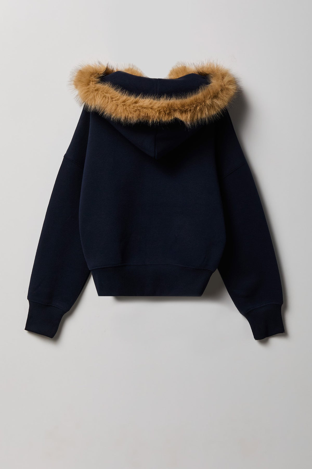 Alt View 2. Girls Luxe Fleece Faux Fur Trim Zip Hoodie - Navy