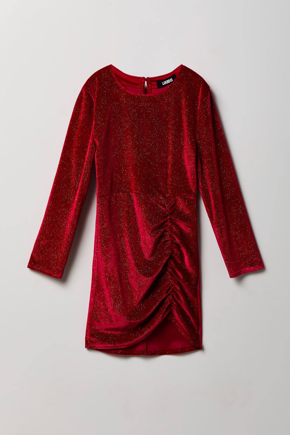 Girls Sparkly Velour Ruched Dress - Red