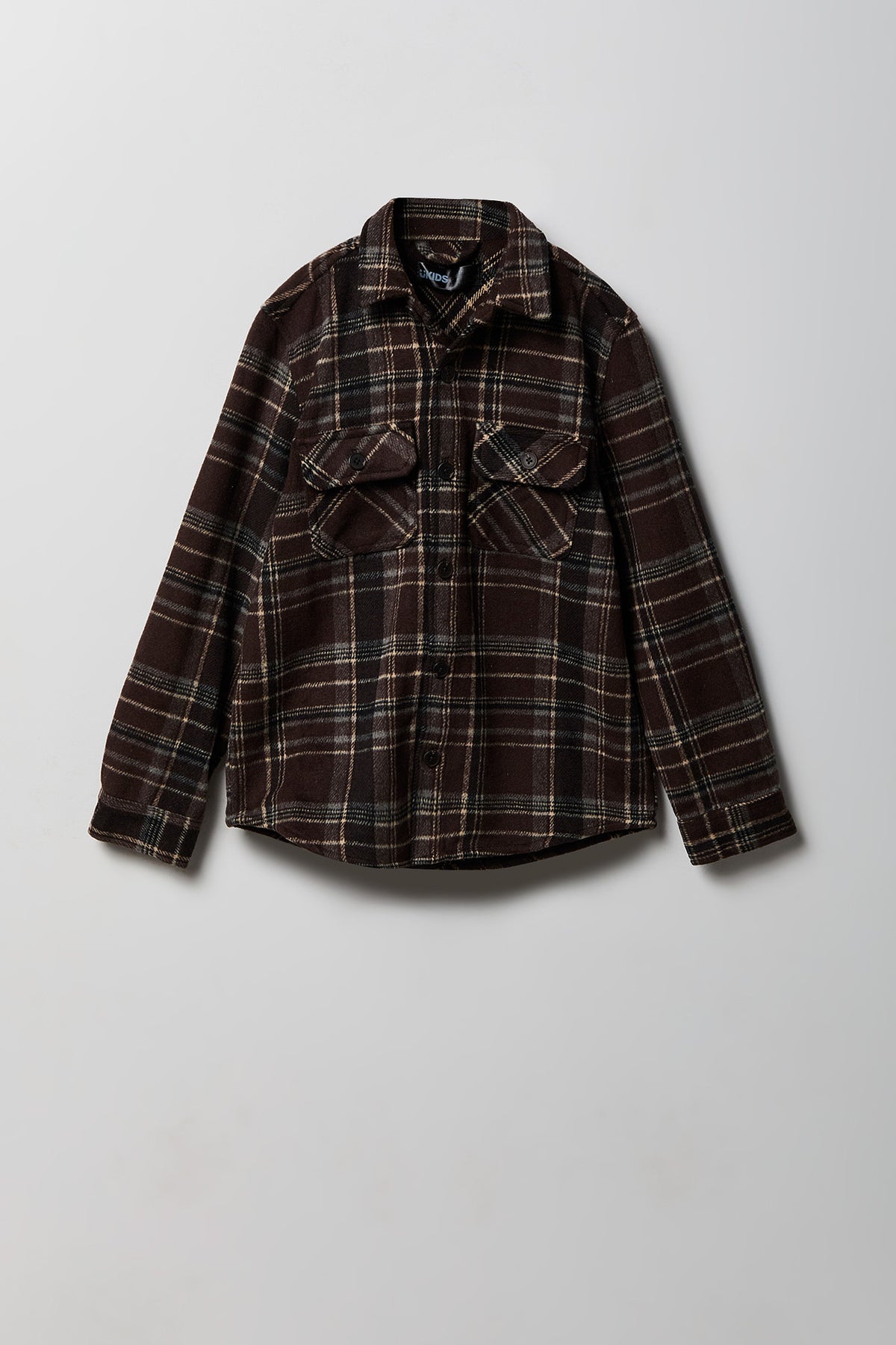 Boys Buttoned Up Plaid Top - Brown