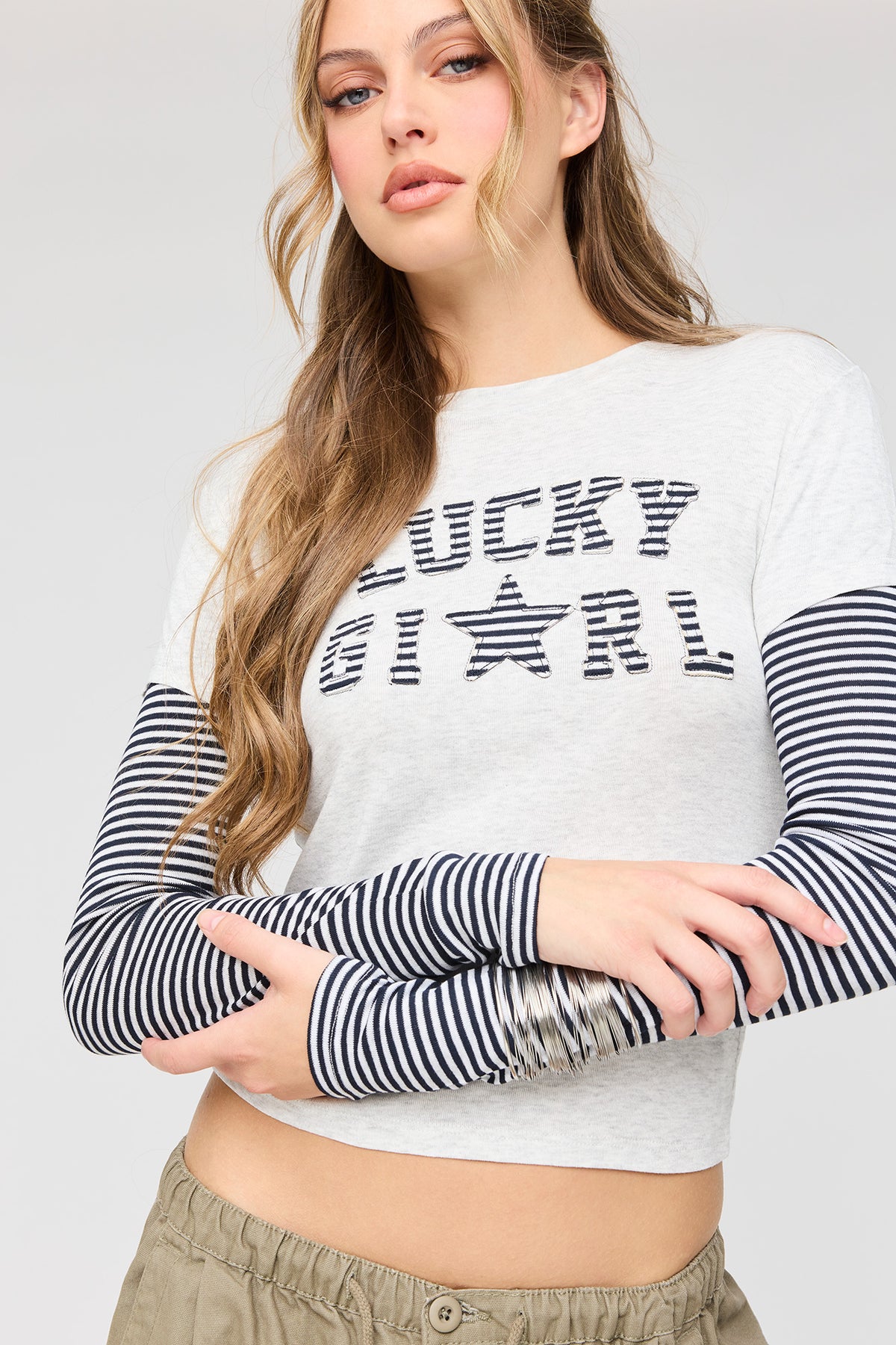 Alt View 4. Twofer Long Sleeve Classic Top - Light Grey