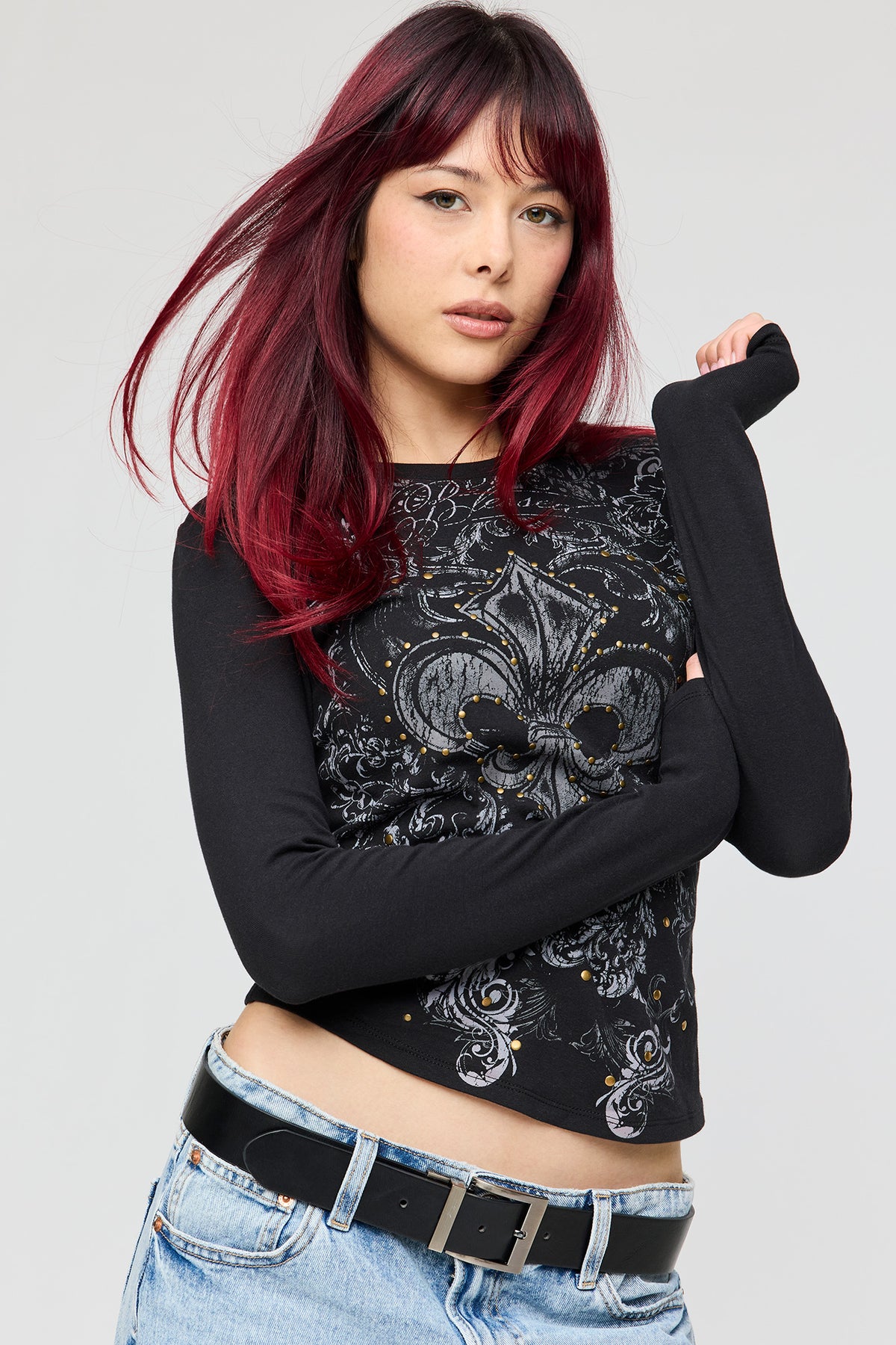 Graphic Fitted Long Sleeve Top - Black