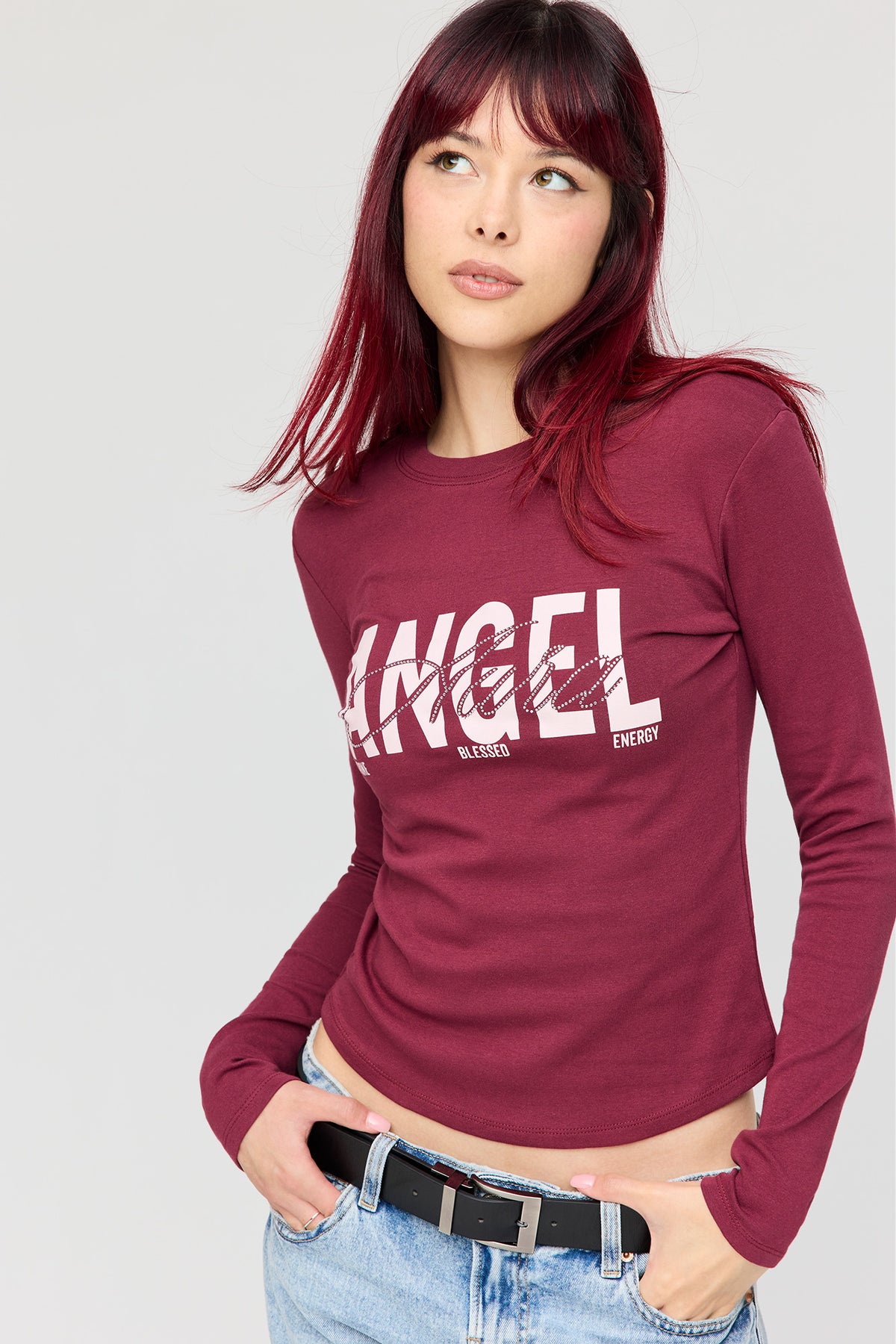 Graphic Fitted Long Sleeve Top - Burgundy