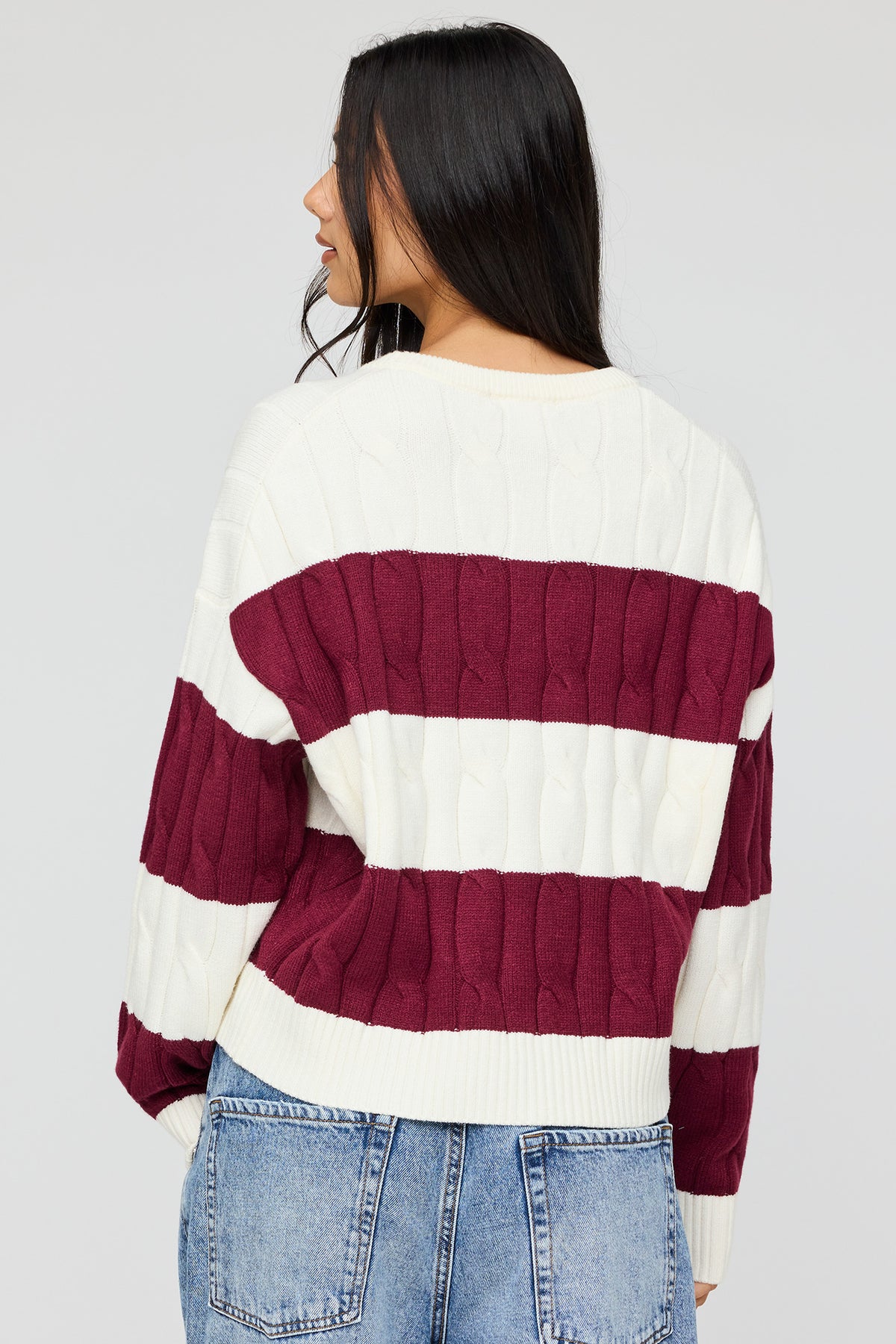 Alt View 2. Cable Knit Striped Sweater - Ivory
