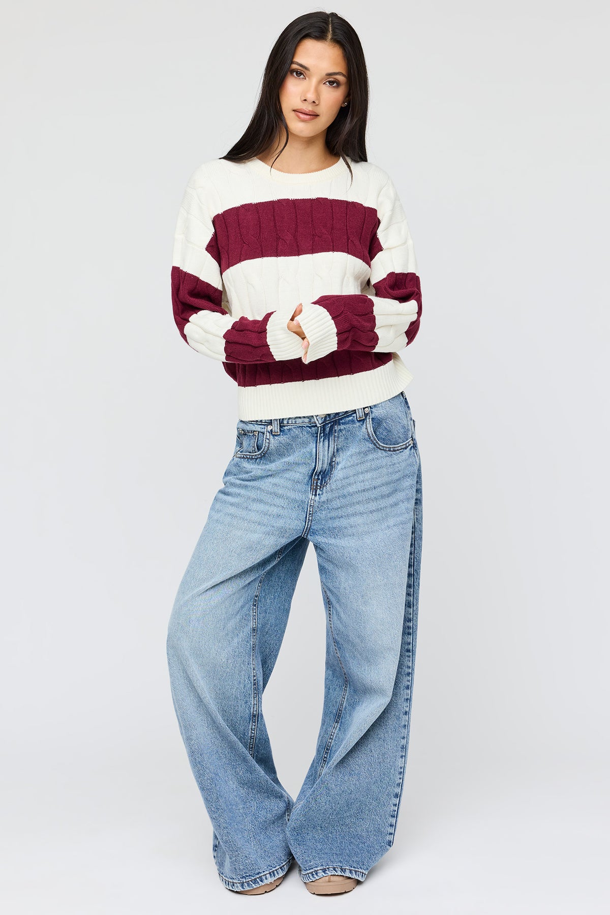 Alt View 3. Cable Knit Striped Sweater - Ivory