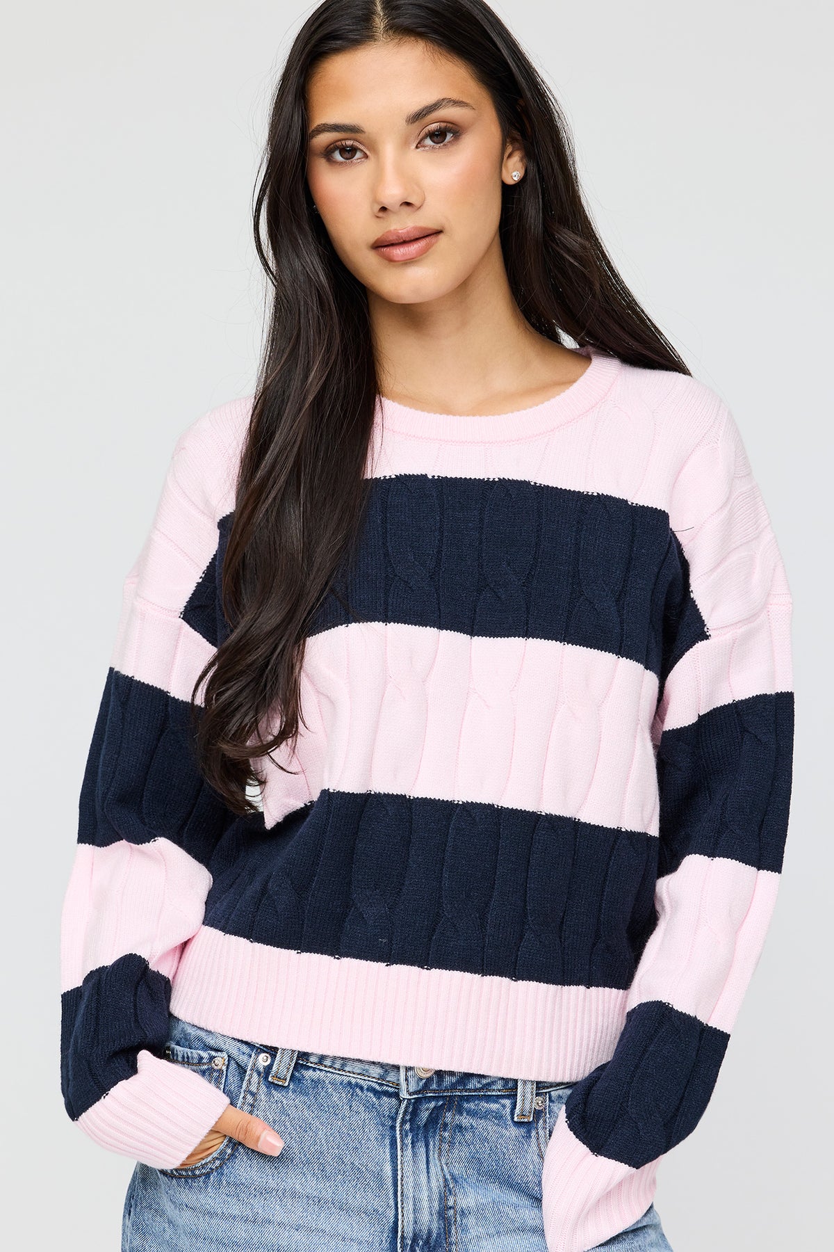 Cable Knit Striped Sweater - Navy