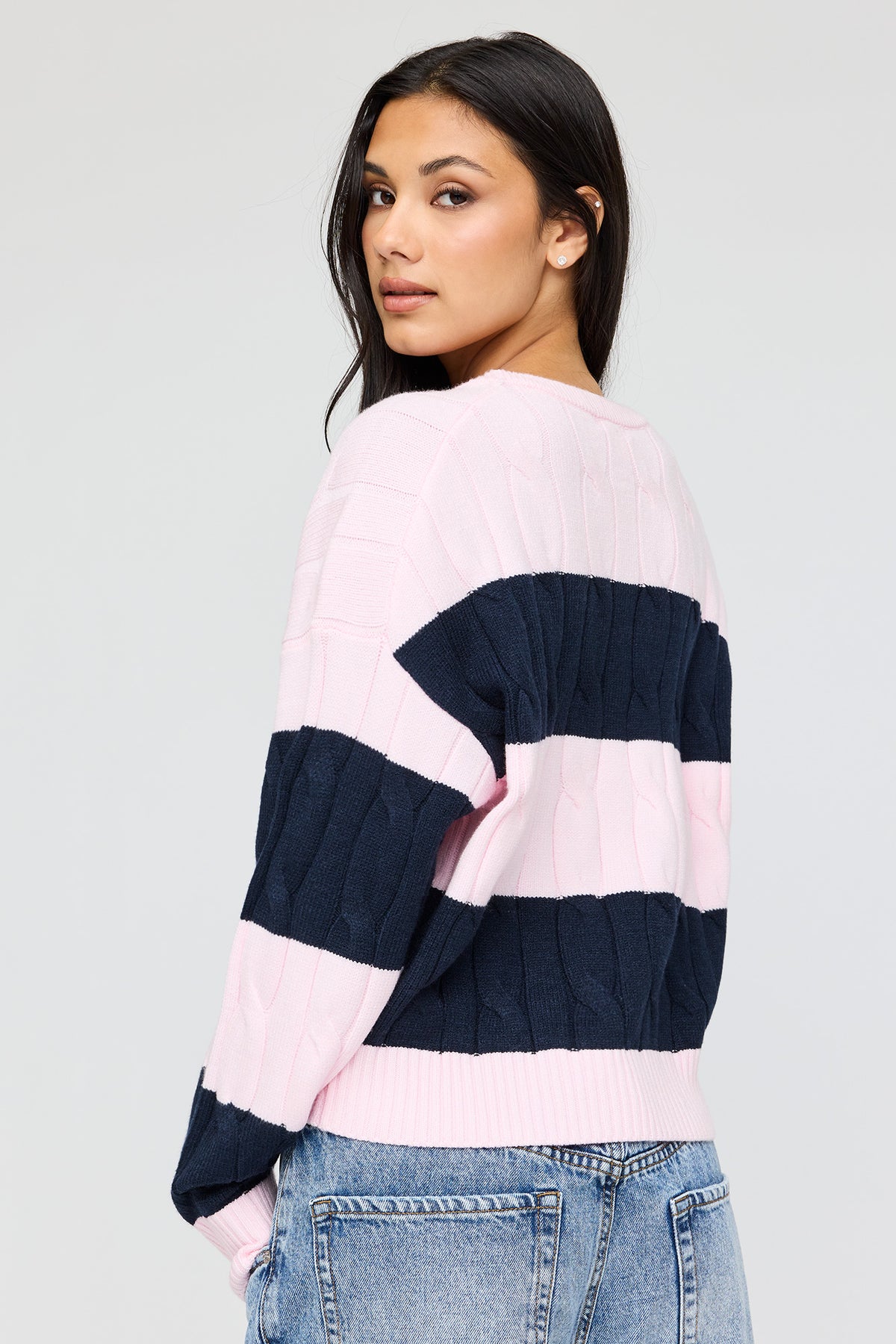 Alt View 2. Cable Knit Striped Sweater - Navy