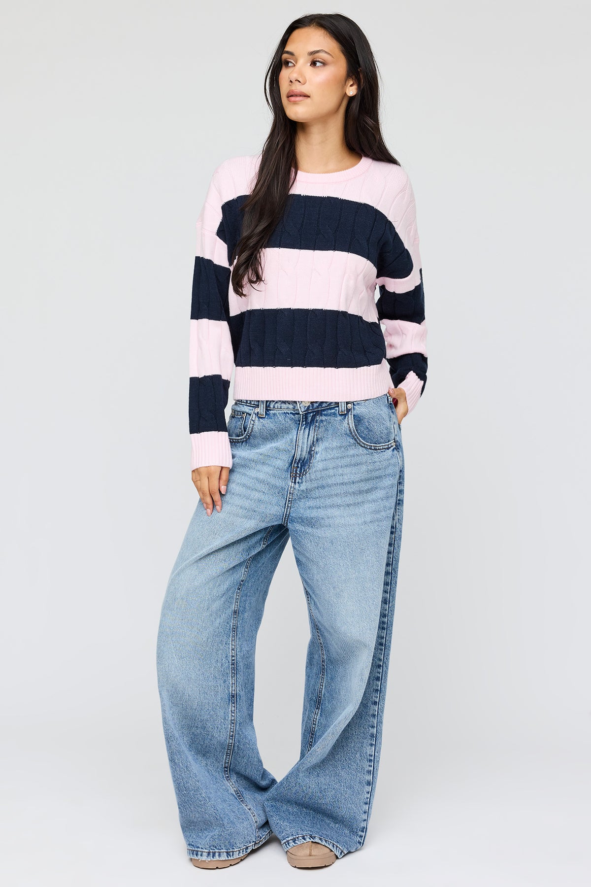 Alt View 3. Cable Knit Striped Sweater - Navy