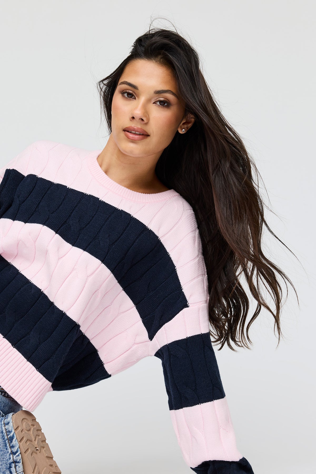 Alt View 4. Cable Knit Striped Sweater - Navy