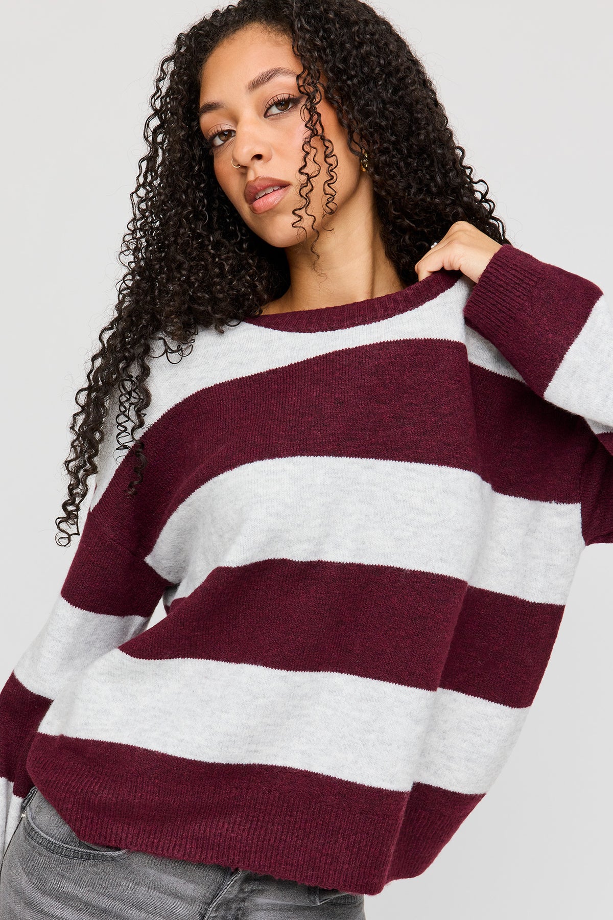 Mossy Knit Striped Sweater - Heather Grey