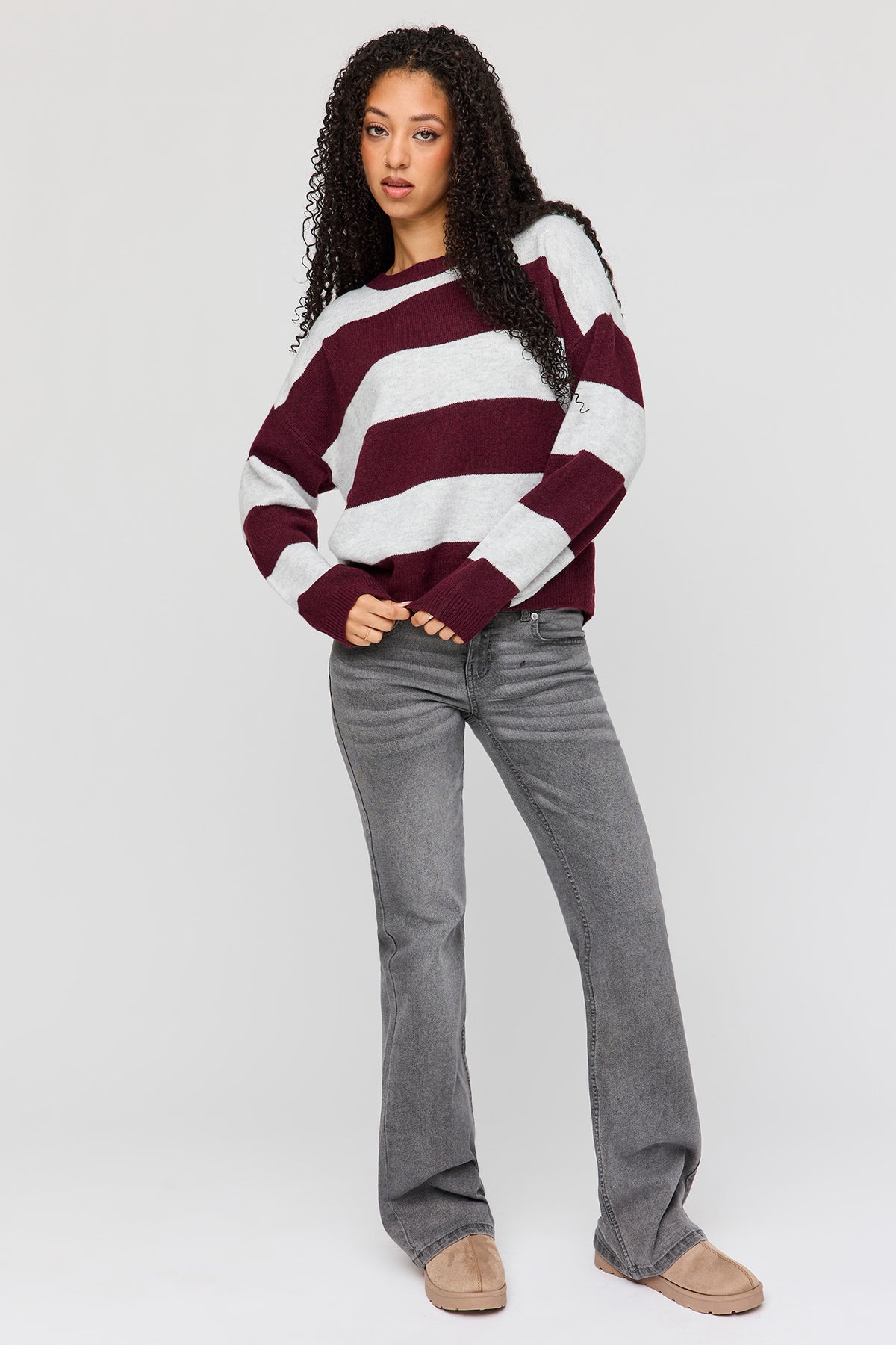Alt View 3. Mossy Knit Striped Sweater - Heather Grey