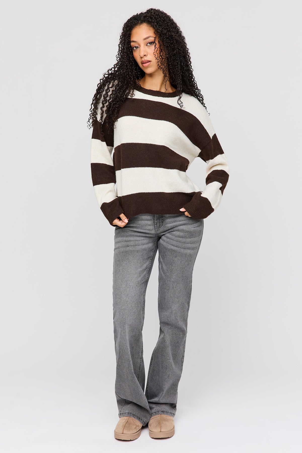 Alt View 3. Mossy Knit Striped Sweater - Oatmeal