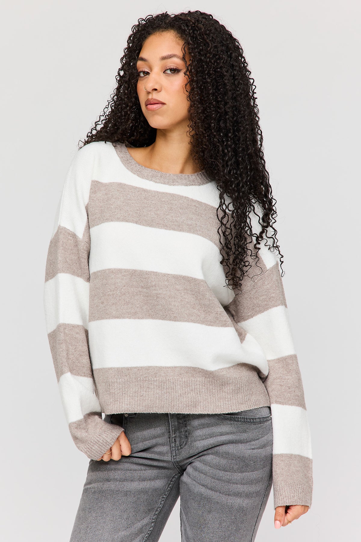 Mossy Knit Striped Sweater - Ivory