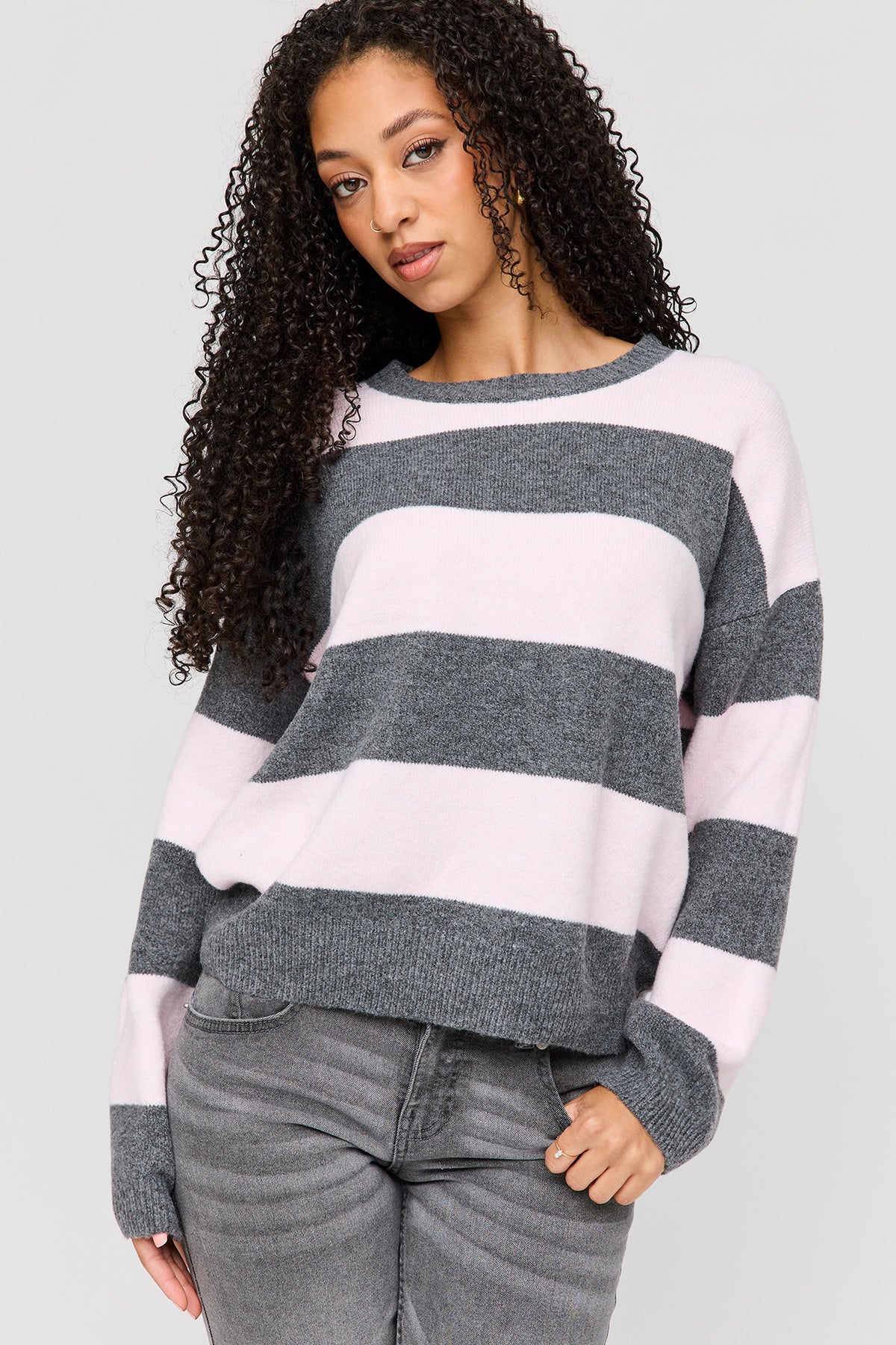 Mossy Knit Striped Sweater - Pink