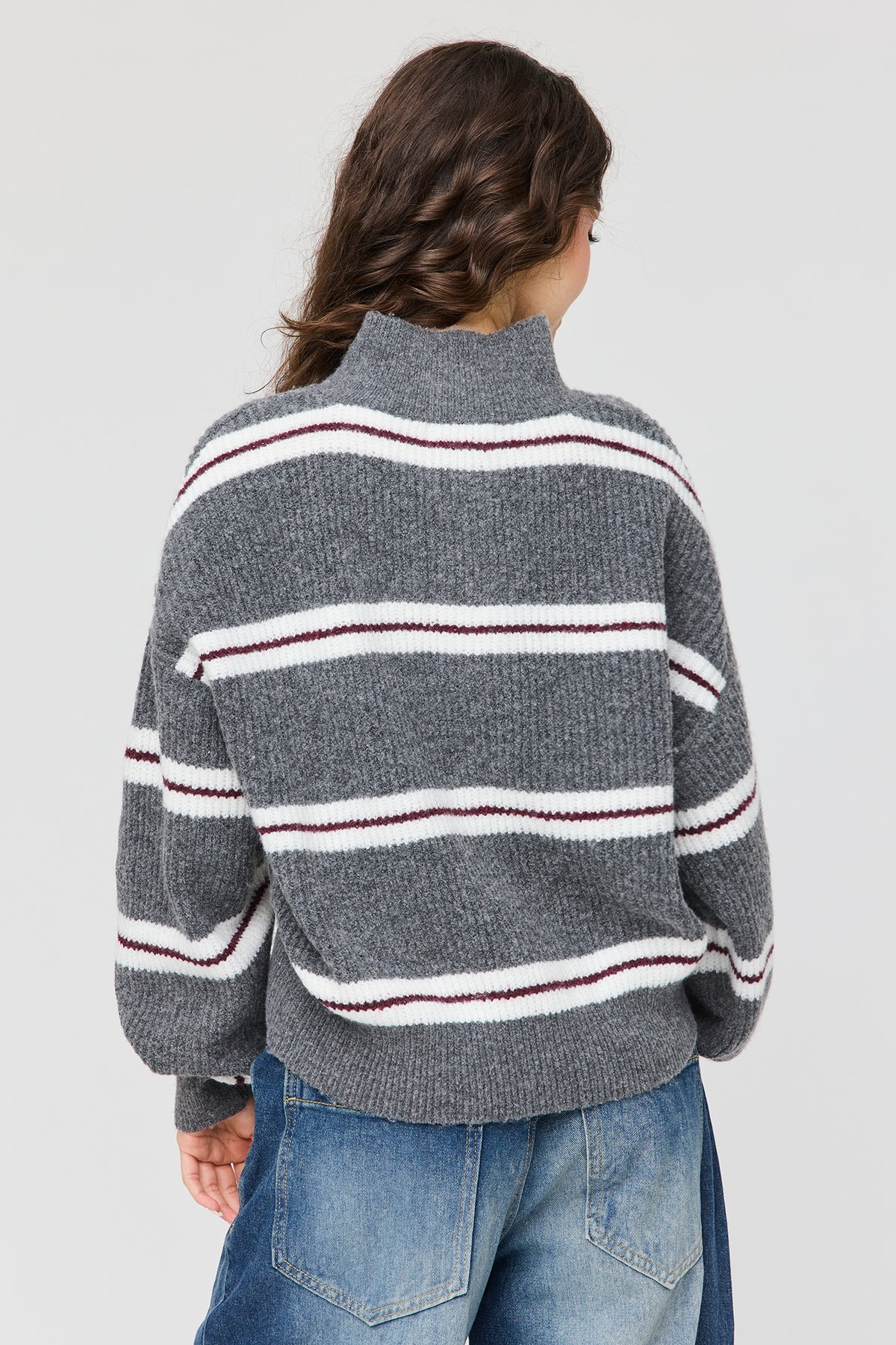 Alt View 2. Mossy Knit Striped Mock Neck Sweater - Charcoal