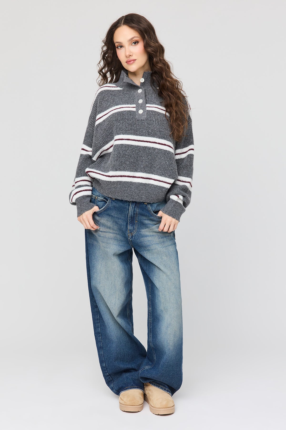 Alt View 3. Mossy Knit Striped Mock Neck Sweater - Charcoal