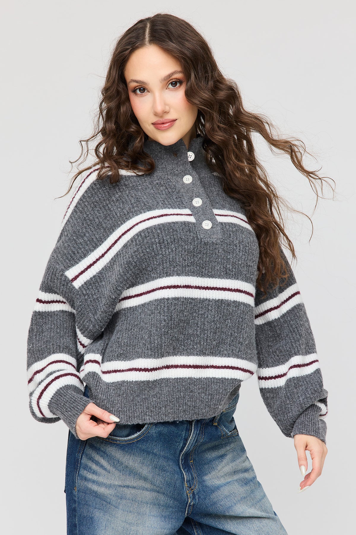 Mossy Knit Striped Mock Neck Sweater - Charcoal