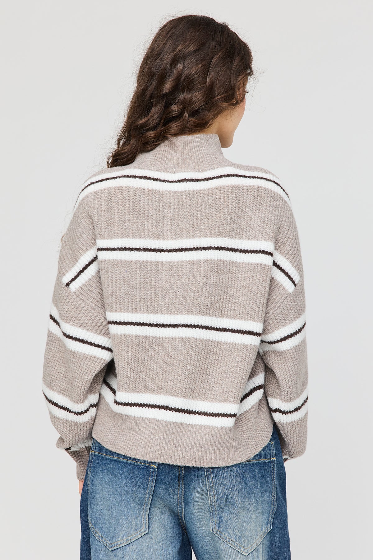 Alt View 2. Mossy Knit Striped Mock Neck Sweater - Oatmeal