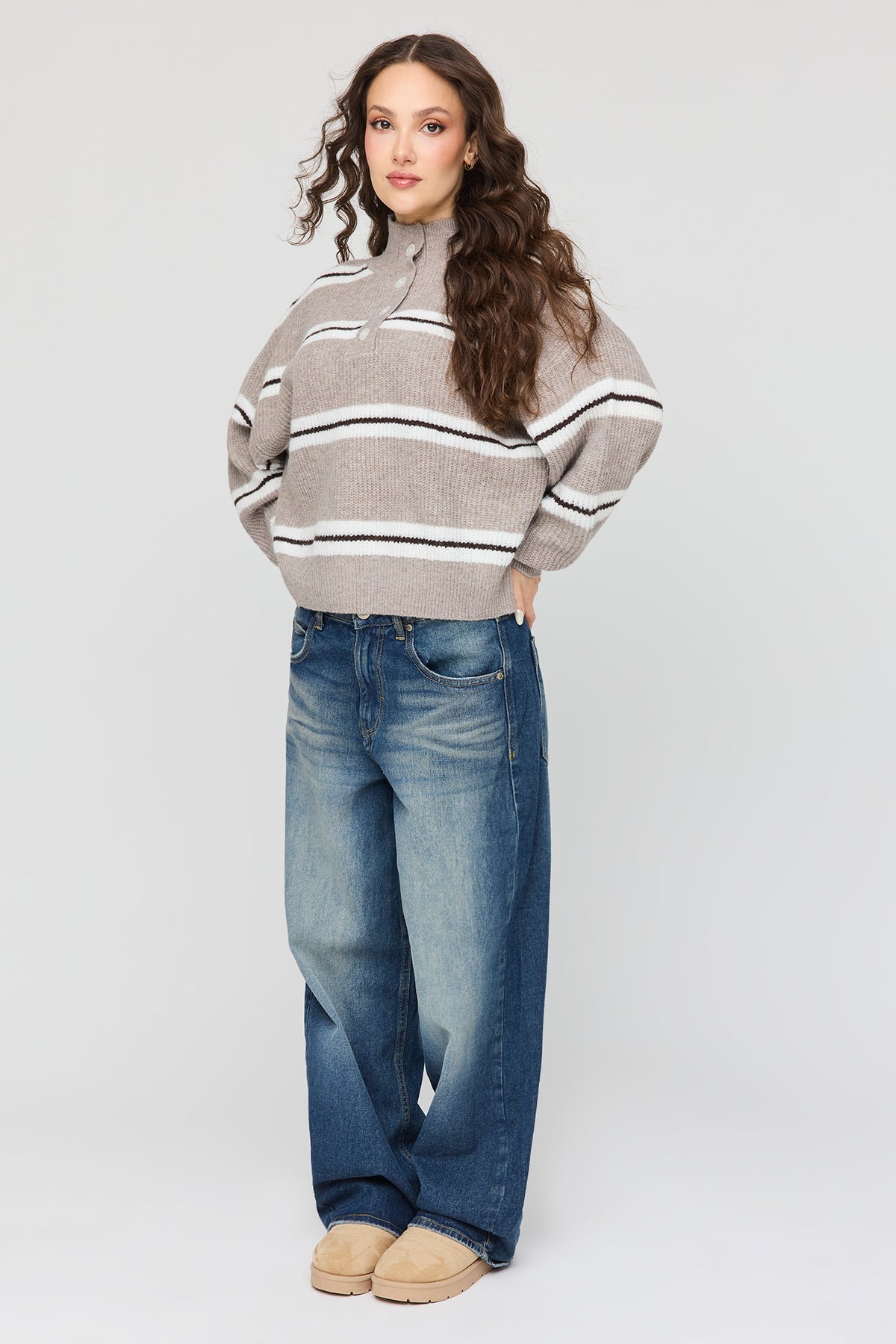 Alt View 3. Mossy Knit Striped Mock Neck Sweater - Oatmeal
