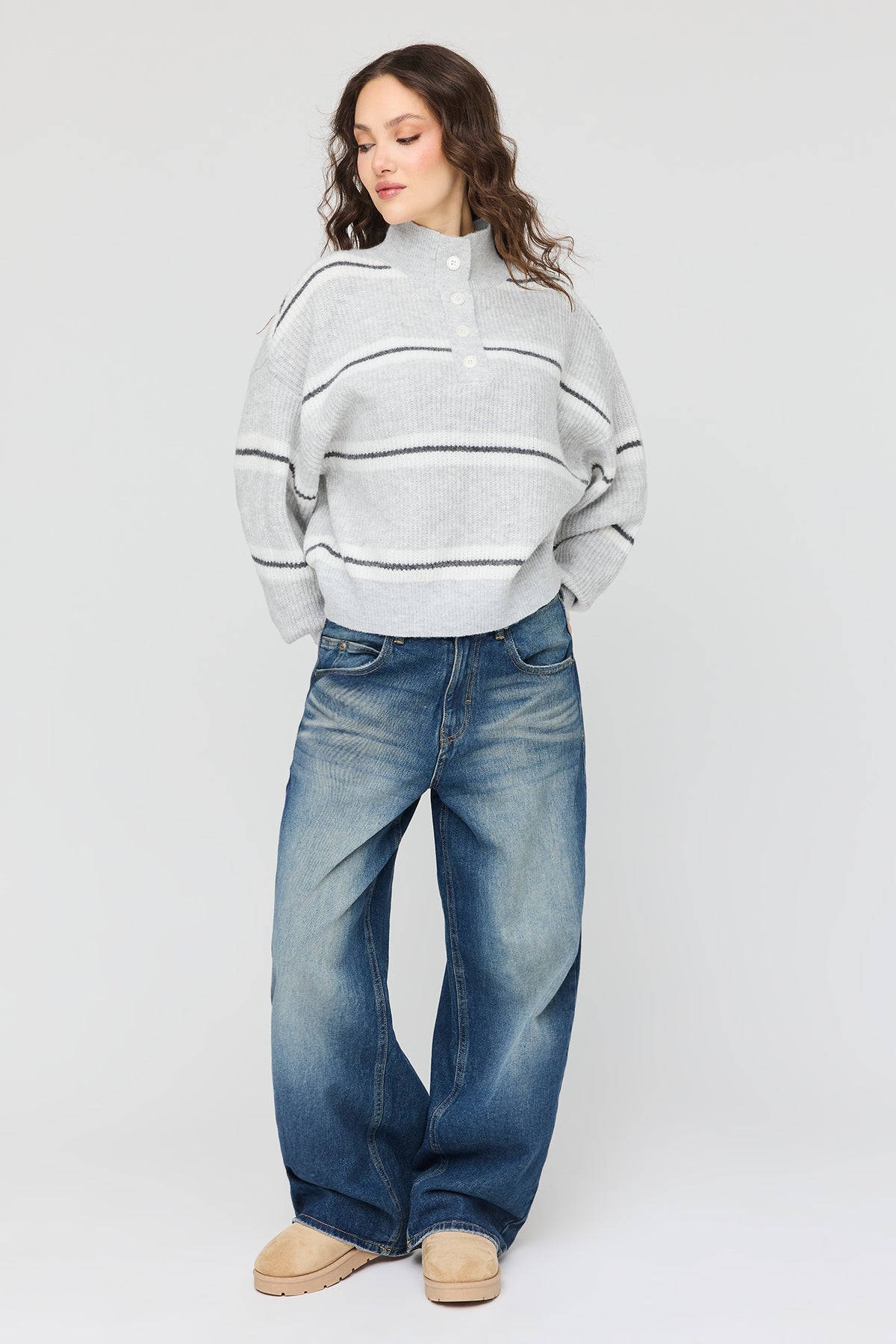 Alt View 3. Mossy Knit Striped Mock Neck Sweater - Grey Blue