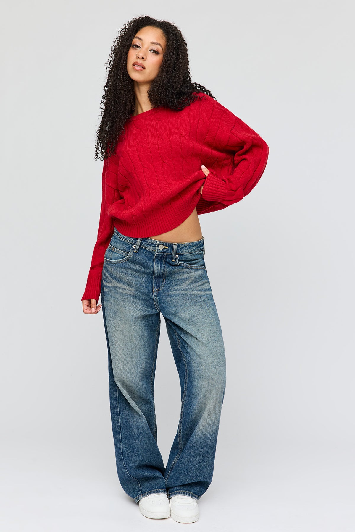 Alt View 3. Cable Knit Sweater - Red