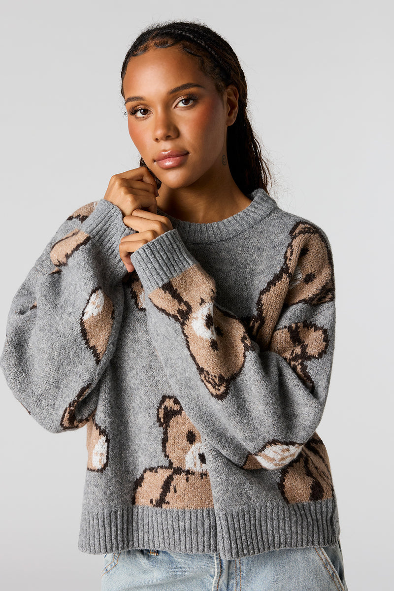 Teddy Bear Jacquard Knit Cropped Sweater