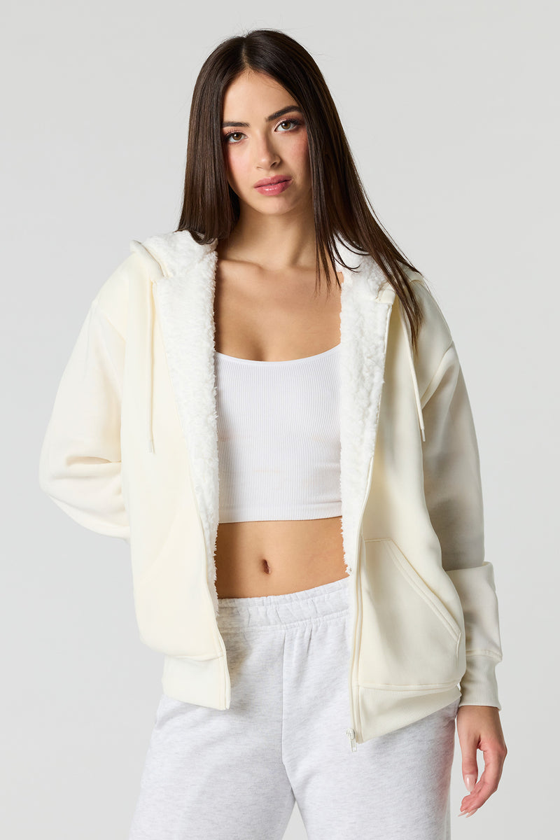 Oversized Sherpa Lined Zip-Up Fleece Hoodie