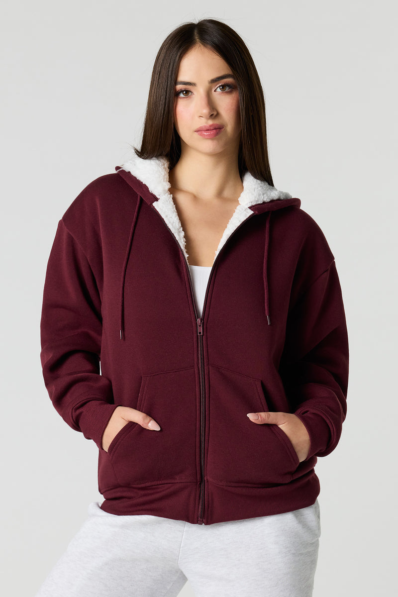 Oversized Sherpa Lined Zip-Up Fleece Hoodie