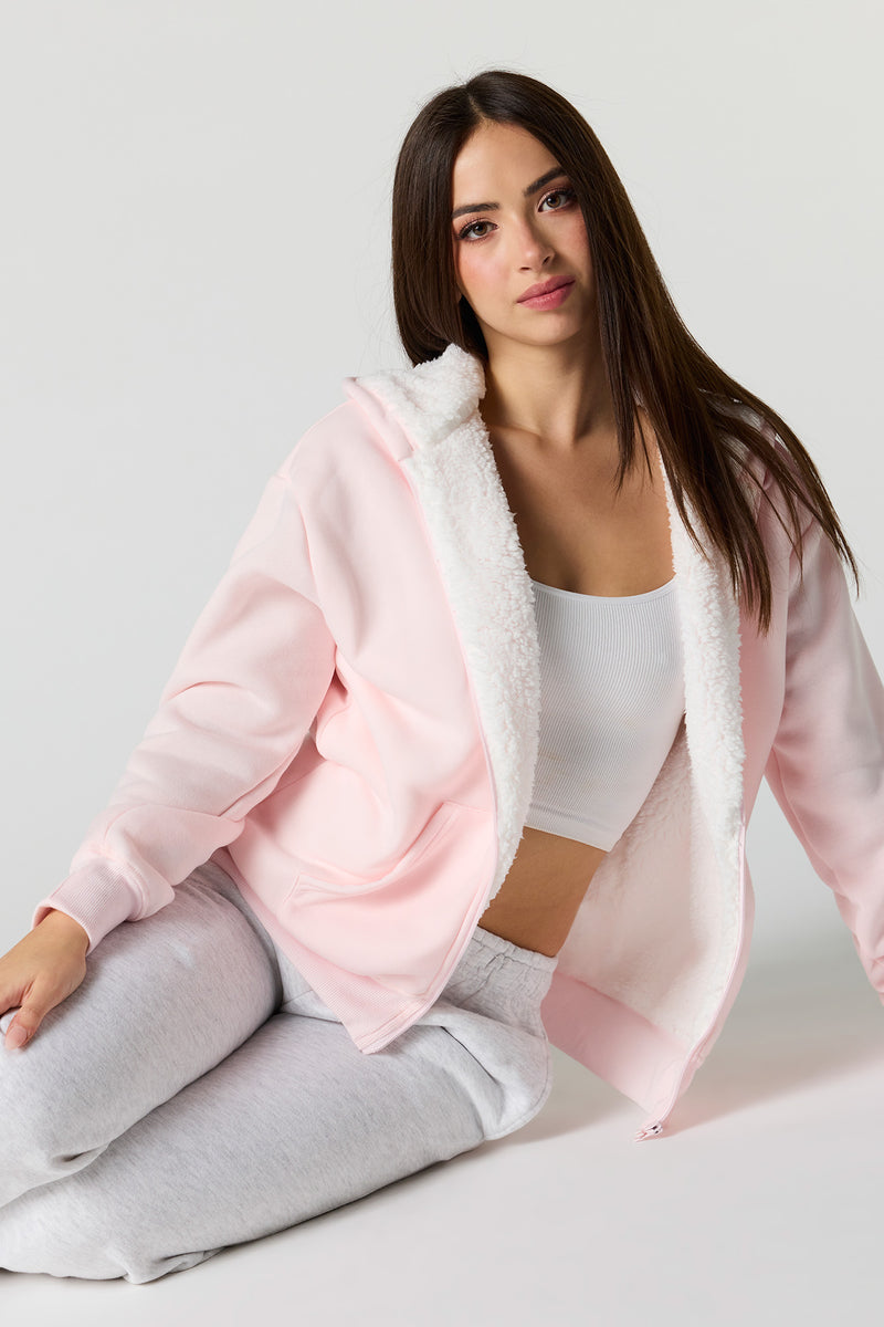 Oversized Sherpa Lined Zip-Up Fleece Hoodie