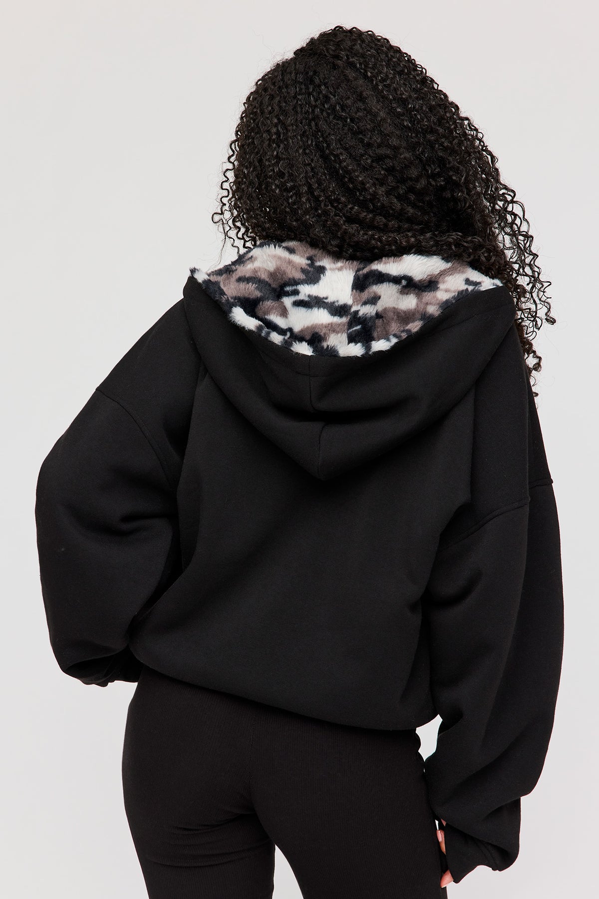 Alt View 2. Reversible Faux Fur Lined Boxy Zip Hoodie - Black