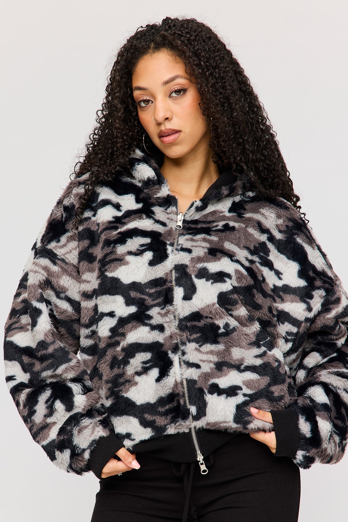 Alt View 4. Reversible Faux Fur Lined Boxy Zip Hoodie - Black