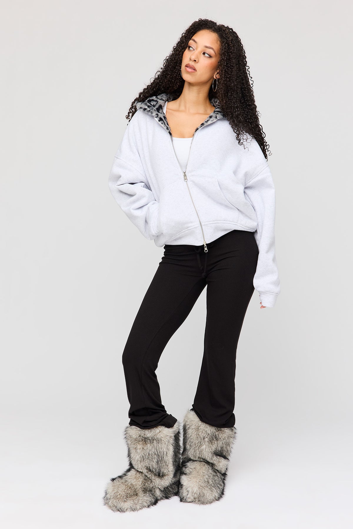 Alt View 3. Reversible Faux Fur Lined Boxy Zip Hoodie - Light Grey