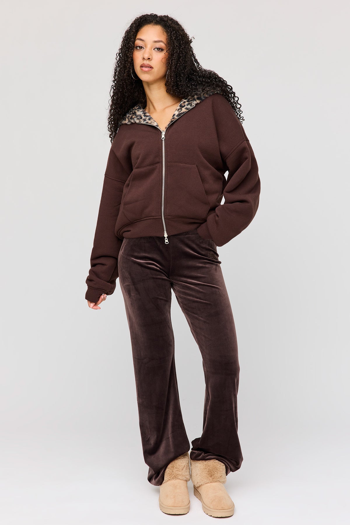 Alt View 3. Reversible Faux Fur Lined Boxy Zip Hoodie - Brown