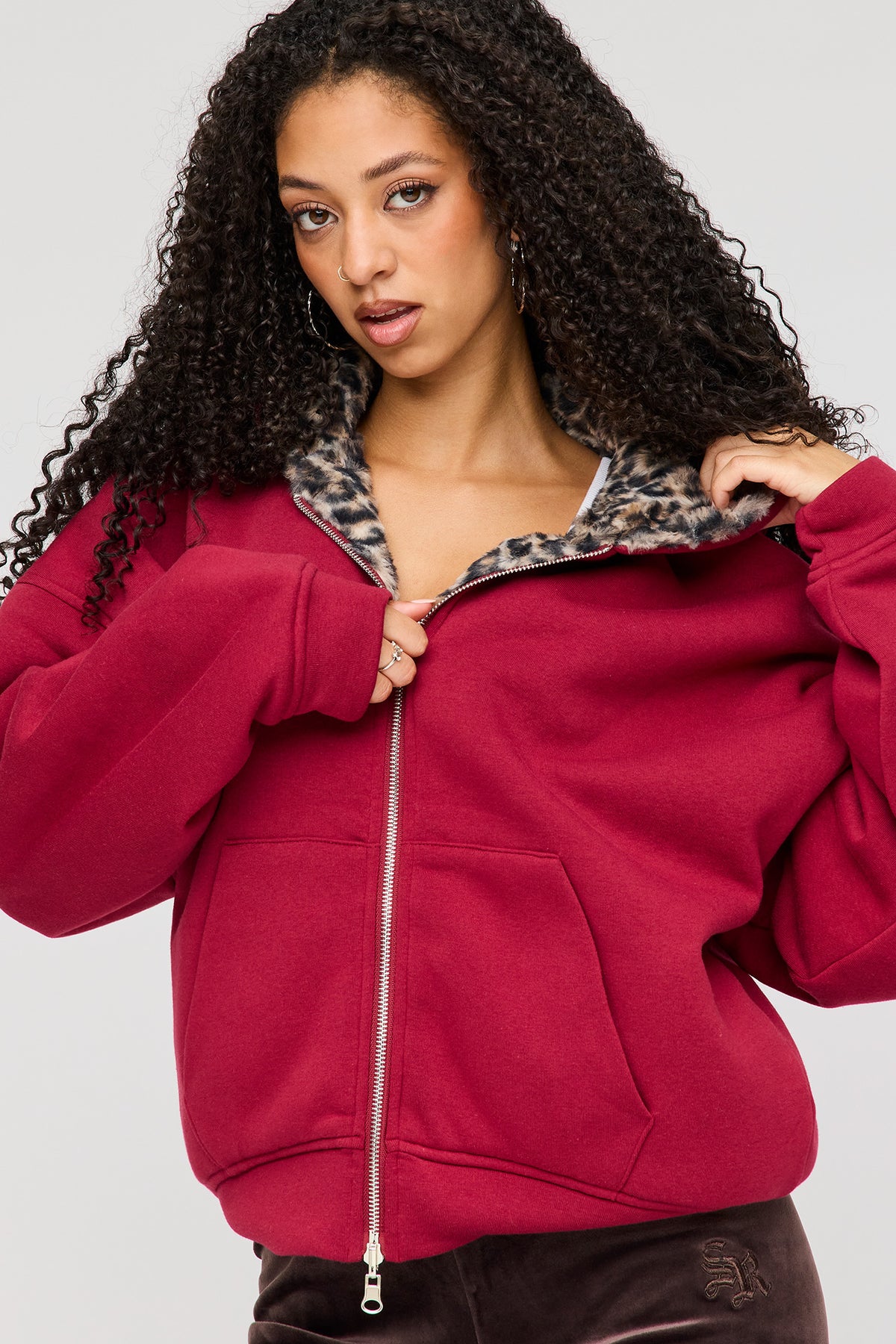 Reversible Faux Fur Lined Boxy Zip Hoodie - Red