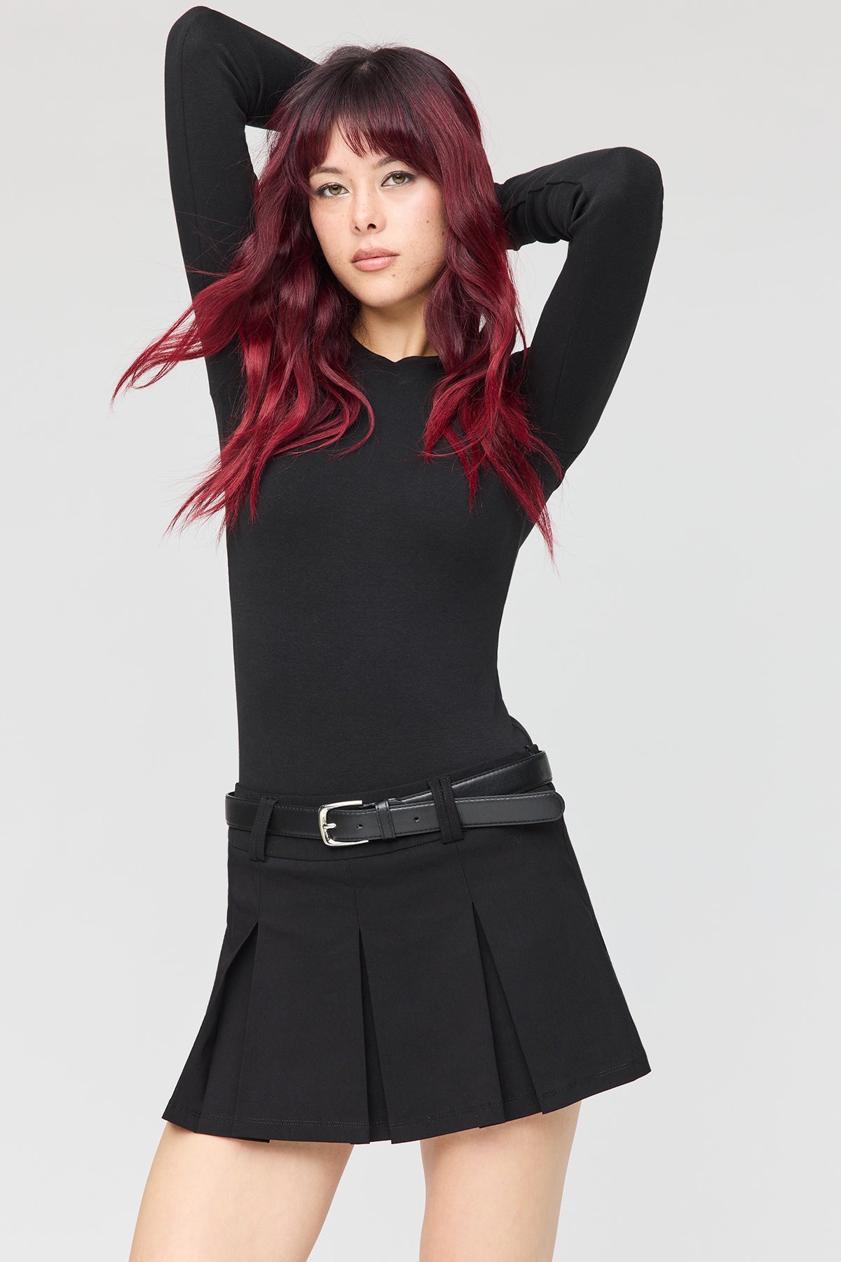 Belted Pleated Mini Skort - Black