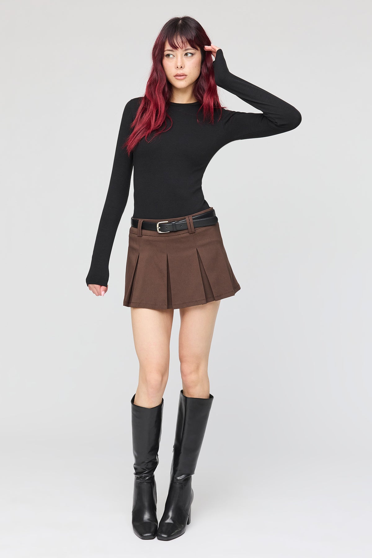 Alt View 3. Belted Pleated Mini Skort - Brown