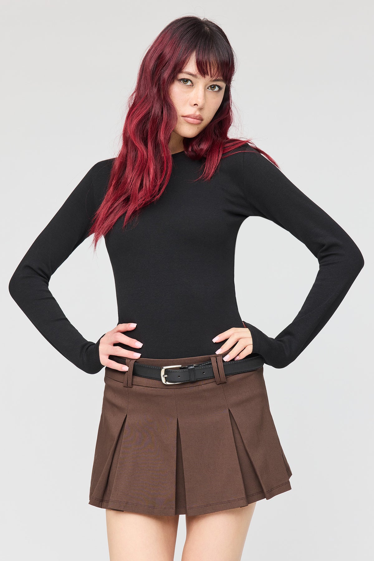Belted Pleated Mini Skort - Brown