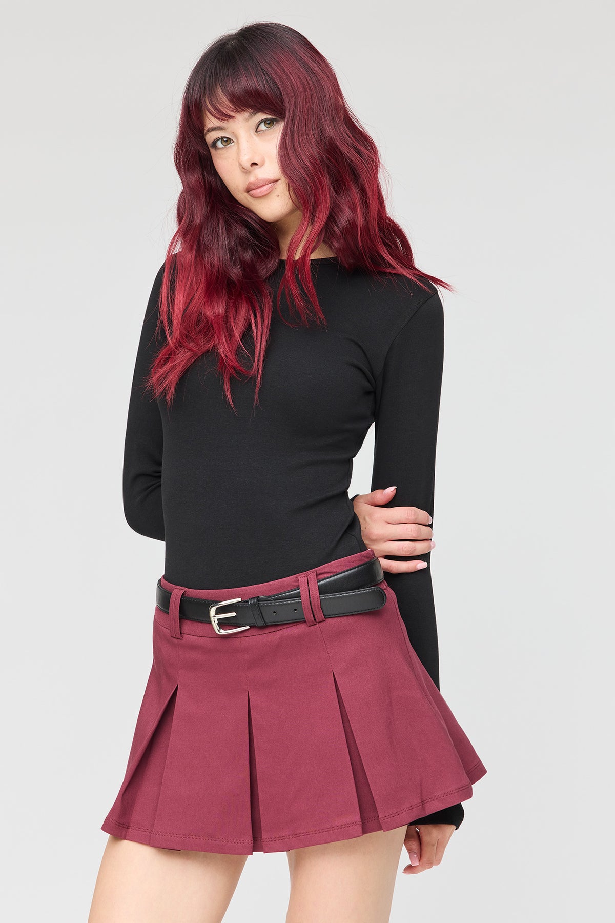 Belted Pleated Mini Skort - Burgundy