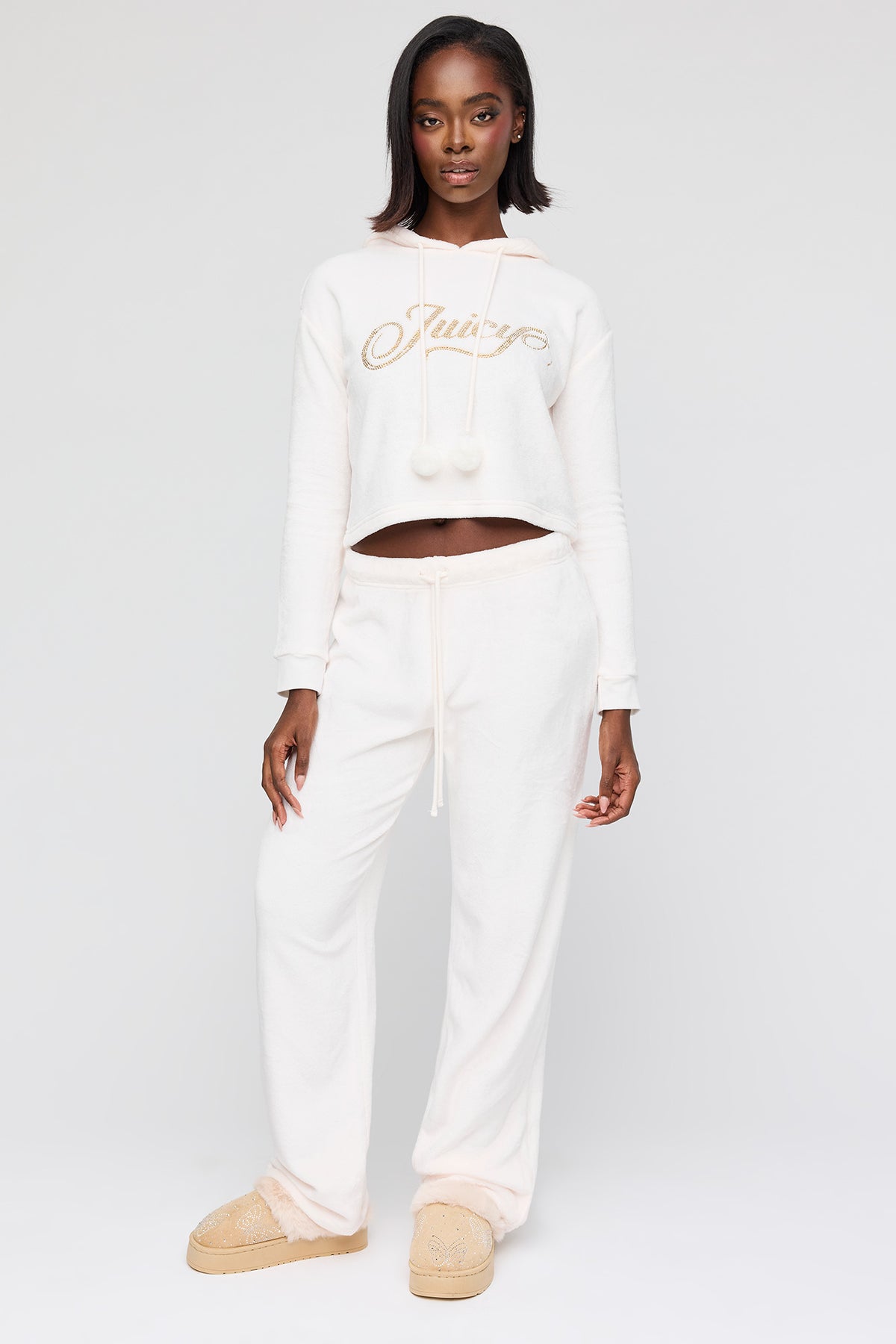 Juicy Couture Plush Hoodie & Pant Pajama Set - White