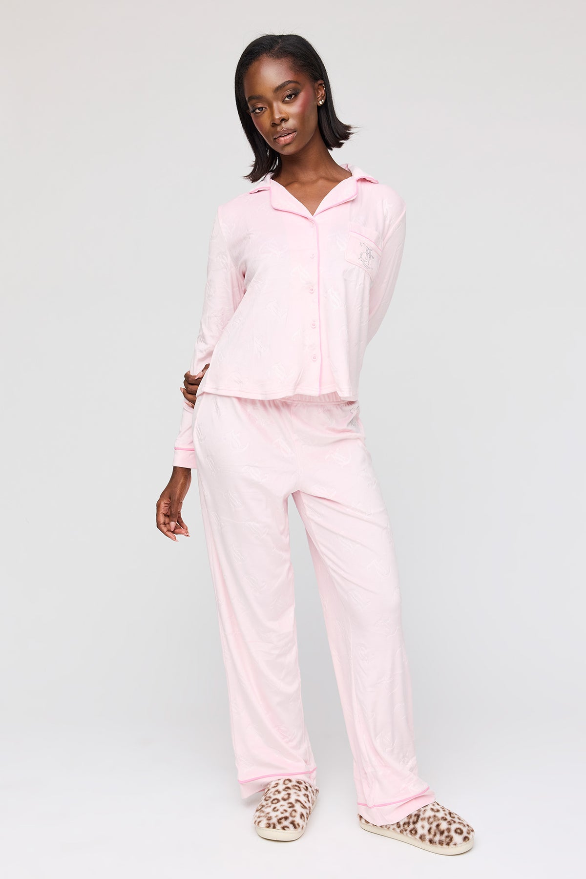 Juicy Couture Rhinestone Velour Hoodie & Pant Pajama Set - Light Pink